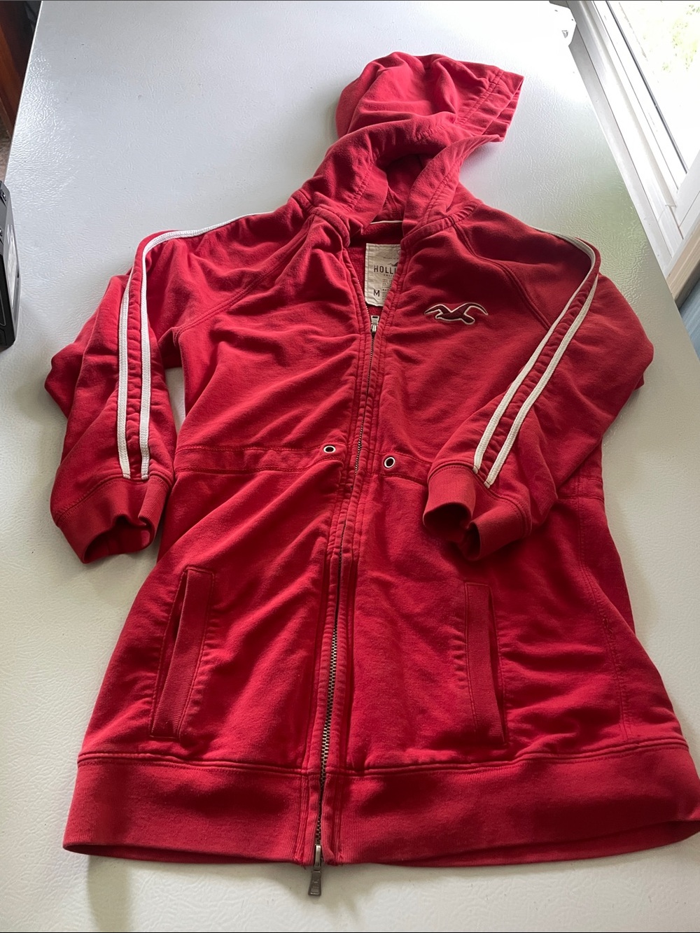 Hollister Red Hooded Zip Jacket with White Stripe and 3/4 sleeves fall jacket